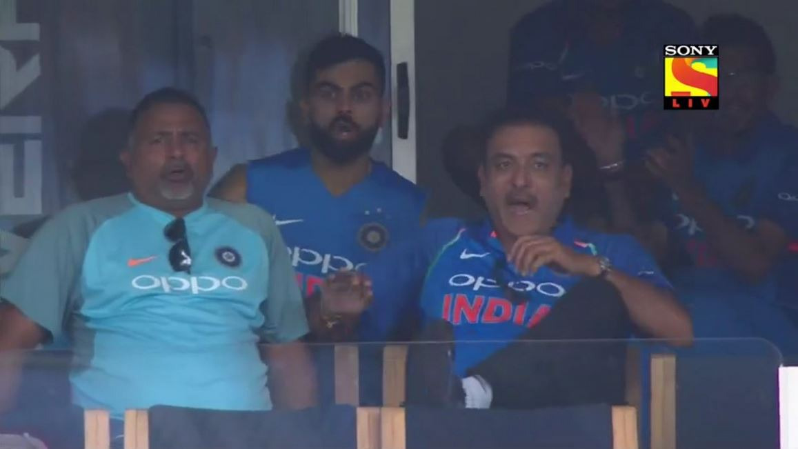 Rohit\'s risky shot on 96 brings out hilarious reactions from Kohli and Shastri